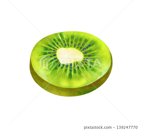 A detailed hand-painted watercolor illustration of a round kiwi slice. The painting captures the translucent green flesh, the white core, and the ring of tiny black seeds with realistic texture A detailed hand-painted watercolor illustration of a round kiwi slice. The painting captures the translucent green flesh, the white core, and the ring of tiny black seeds with realistic texture 139247770