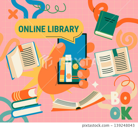 Concept of online library in hand.Smartphone for order book ,reading books via mobile,online store.Stories,poems,novels in mobile application.Education,studying,learning,self education concept.Vector Concept of online library in hand.Smartphone for order book ,reading books via mobile,online store.Stories,poems,novels in mobile application.Education,studying,learning,self education concept.Vector 139248043