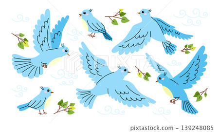 Cute set of illustrations of blue birds in different poses. Colorful stickers and icons collection of pigeons, parrots and bullfinch in flying. Cartoon character of wildlife and pet for children. Cute set of illustrations of blue birds in different poses. Colorful stickers and icons collection of pigeons, parrots and bullfinch in flying. Cartoon character of wildlife and pet for children. 139248085