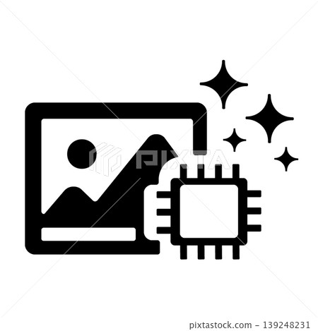 A digital icon (black) representing AI-powered image editing and enhancement. 139248231