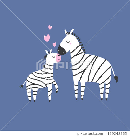 Cartoon zebra mother and baby with hearts for nursery poster design Cartoon zebra mother and baby with hearts for nursery poster design 139248265