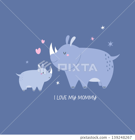 Cartoon rhino mother and baby with stars and hearts for nursery poster design Cartoon rhino mother and baby with stars and hearts for nursery poster design 139248267