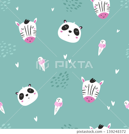 Cute seamless pattern with zebras, pandas, ice cream for baby apparel Cute seamless pattern with zebras, pandas, ice cream for baby apparel 139248372