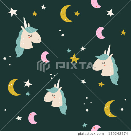 Seamless pattern with cartoon unicorns, stars and moon Seamless pattern with cartoon unicorns, stars and moon 139248374