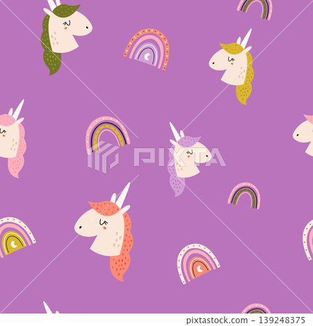 Seamless unicorn pattern with cute magical characters and rainbows Seamless unicorn pattern with cute magical characters and rainbows 139248375