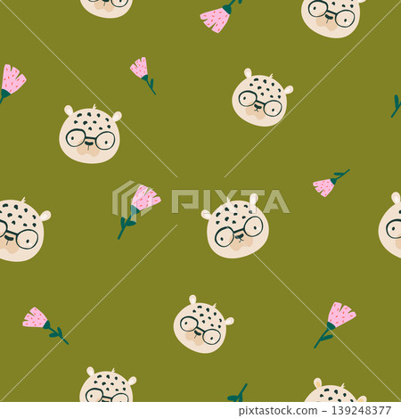 Seamless cute leopard pattern with glasses and flowers on green background 139248377