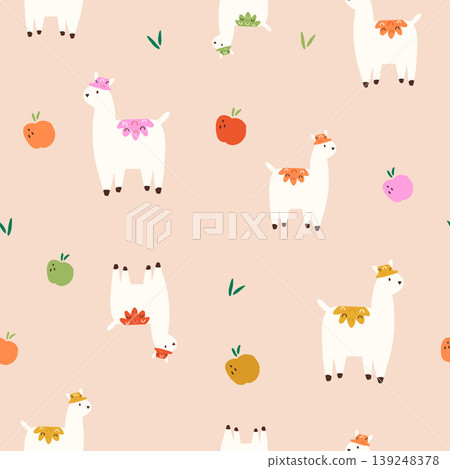 Seamless cute llama, alpaca pattern on beige background Seamless cute llama, alpaca pattern on beige background 139248378