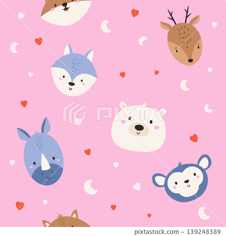 Seamless pattern with cute animals faces for kids nursery, wallpaper 139248389