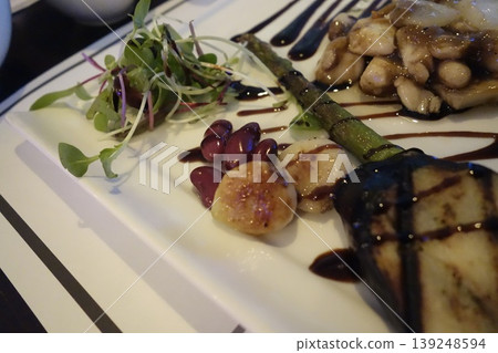 Gourmet Plate with Asparagus, Scallops, and Microgreens Gourmet Plate with Asparagus, Scallops, and Microgreens 139248594