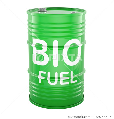 Bio fuel barrel, green metal drum. Renewable energy and sustainable fuel concept, 3d rendering Bio fuel barrel, green metal drum. Renewable energy and sustainable fuel concept, 3d rendering 139248606