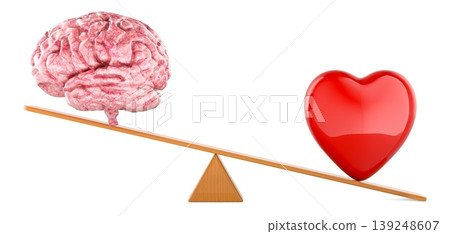 Brain and red heart on seesaw, balance between logic and emotion. 3d rendering Brain and red heart on seesaw, balance between logic and emotion. 3d rendering 139248607