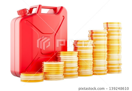 Fuel canister with rising stacks of coins, symbolizing fuel price increase. 3d rendering Fuel canister with rising stacks of coins, symbolizing fuel price increase. 3d rendering 139248610