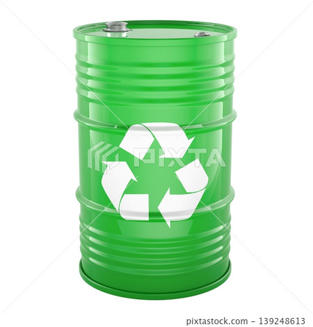 Green metal barrel with recycle symbol, for storing biodiesel or bioethanol, representing renewable energy and lower emissions, concept. 3d rendering Green metal barrel with recycle symbol, for storing biodiesel or bioethanol, representing renewable energy and lower emissions, concept. 3d rendering 139248613