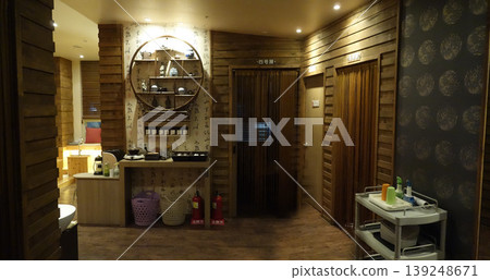Wooden Sauna Interior with Decorative Elements 139248671