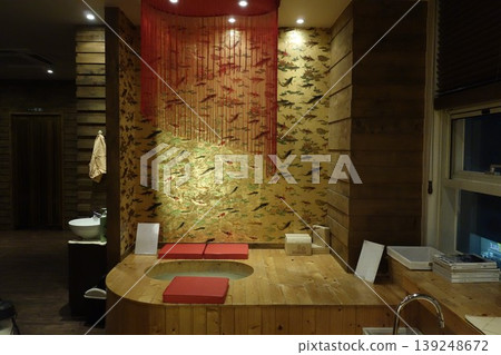 Luxury Bathroom with Fish Wall Art and Wooden Accents Luxury Bathroom with Fish Wall Art and Wooden Accents 139248672