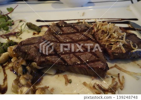 Grilled Steak with Toppings on Plate Grilled Steak with Toppings on Plate 139248748