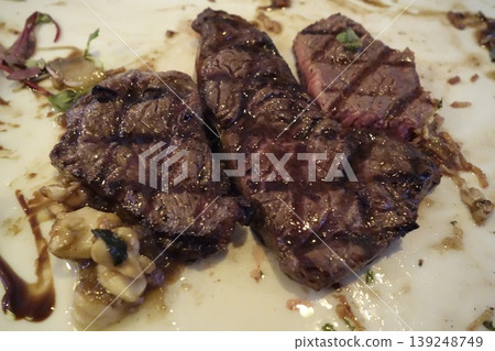 Grilled Steak with Mushrooms on Plate Grilled Steak with Mushrooms on Plate 139248749