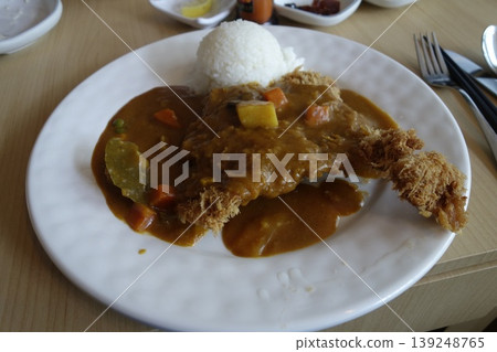 Katsu Curry with Rice on White Plate Katsu Curry with Rice on White Plate 139248765