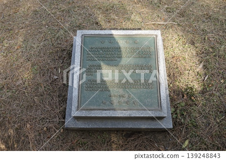 Grave Marker Plaque on Dry Grass Grave Marker Plaque on Dry Grass 139248843