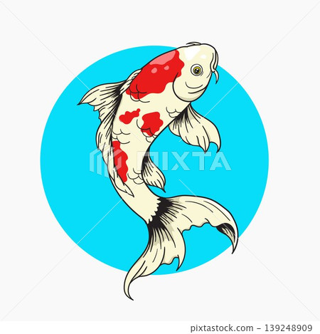 Colorful koi fish illustration with red markings and blue circle background 139248909