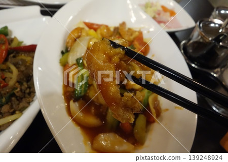 Shrimp Stir-Fry with Chopsticks in Restaurant Shrimp Stir-Fry with Chopsticks in Restaurant 139248924