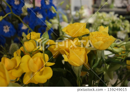 Vibrant Yellow Roses Bouquet with Blue Flowers Vibrant Yellow Roses Bouquet with Blue Flowers 139249015