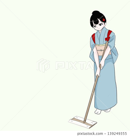 Woman in a kimono with a sash tied across her body; floor wiper; cleaning; housework; Japanese style 139249355