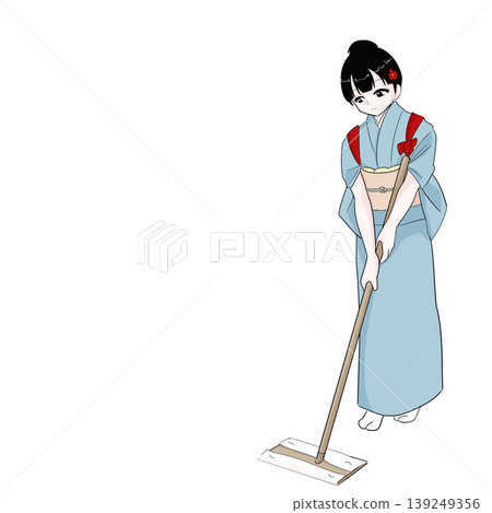 Woman in a kimono with a sash tied across her body; floor wiper; cleaning; housework; Japanese style 139249356