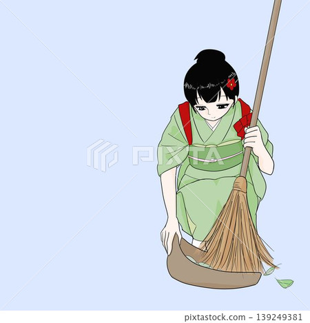 A woman in a kimono with a sash tied across her shoulder, carrying a dustpan, cleaning, doing housework, Japanese style. A woman in a kimono with a sash tied across her shoulder, carrying a dustpan, cleaning, doing housework, Japanese style. 139249381