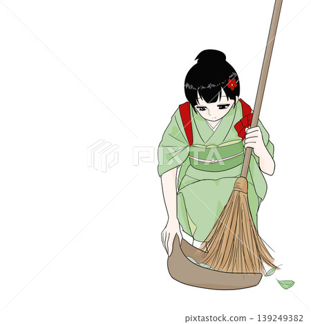 一位身穿和服、肩上繫著腰帶的女子，手持簸箕，正在打掃、做家務，日式風格。 139249382