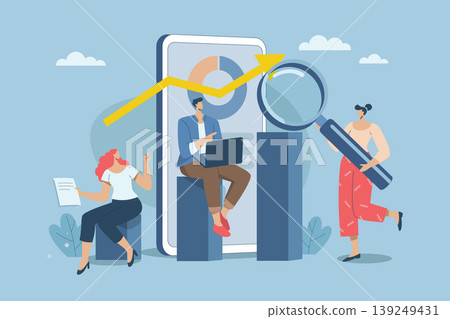 Financial research or data analysis for future trends in marketing, Forecasting factors that cause profit or loss, Businessteam analyzes trends on graphs and charts with magnifying glass. 139249431
