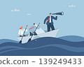 Discovering new business opportunities and investments, Vision and goal setting, Business team is rowing boat with binoculars standing in paper boat and looking forward, Vector design illustration. 139249433