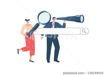 Search for information online, Search engine optimization, Surfing the internet with search engine, Business man and woman with magnifying glass searching for information in website bar. Search for information online, Search engine optimization, Surfing the internet with search engine, Business man and woman with magnifying glass searching for information in website bar. 139249435