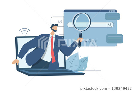 Search engine optimization, SEO. Analyze website page statistics, Internet marketing concepts, Businessmen searching online with magnifying glass in web browser bar. Vector design illustration. Search engine optimization, SEO. Analyze website page statistics, Internet marketing concepts, Businessmen searching online with magnifying glass in web browser bar. Vector design illustration. 139249452