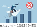 Searching for higher goals, Business leaders will reach their goals, Businessman with binoculars on a paper airplane flying over the bar graph towards a high target. Vector design illustration. 139249453