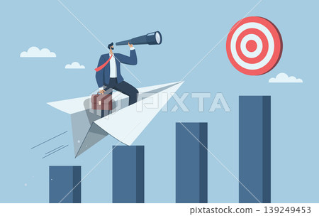 Searching for higher goals, Business leaders will reach their goals, Businessman with binoculars on a paper airplane flying over the bar graph towards a high target. Vector design illustration. 139249453