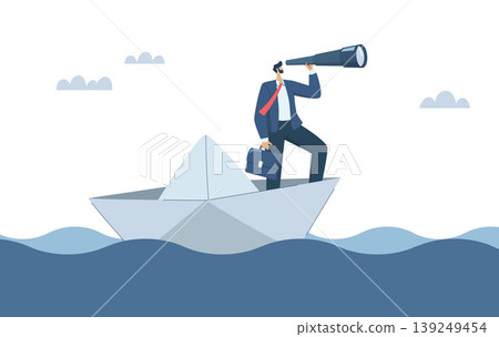Business leaders search for investment opportunities, Vision to look forward amidst obstacles, Predicting or discovering new ideas, Businessman with binoculars on paper boat in the sea. 139249454