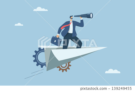 Business leaders search for business opportunities, Look ahead, Forecast future investments or discover new ideas, Businessman with binoculars on paper airplane in the sky. Vector design illustration Business leaders search for business opportunities, Look ahead, Forecast future investments or discover new ideas, Businessman with binoculars on paper airplane in the sky. Vector design illustration 139249455
