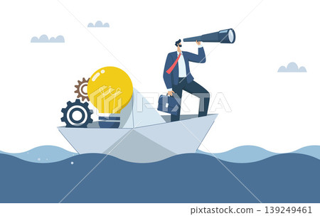 Business leaders search for investment opportunities, Vision to overcome obstacles, Predicting or discovering new ideas, Businessman with binoculars on paper boat carrying light bulbs in the sea. Business leaders search for investment opportunities, Vision to overcome obstacles, Predicting or discovering new ideas, Businessman with binoculars on paper boat carrying light bulbs in the sea. 139249461