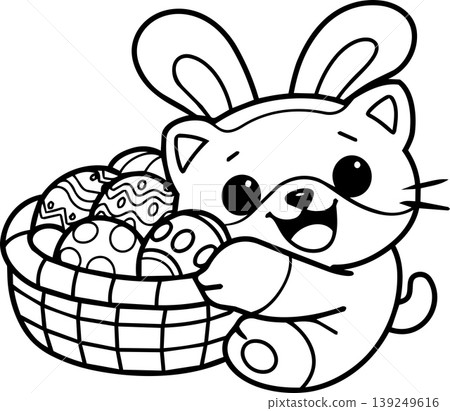 Cute cat bunny holding Easter egg basket, joyful holiday coloring page for children Cute cat bunny holding Easter egg basket, joyful holiday coloring page for children 139249616