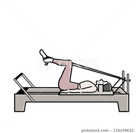 Bob's woman performing a tabletop pose in machine Pilates. Bob's woman performing a tabletop pose in machine Pilates. 139249632