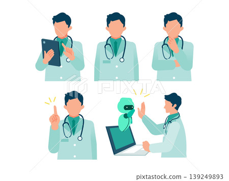 Medical DX illustration: A male doctor uses AI to solve problems and derives the optimal diagnosis on a tablet. 139249893