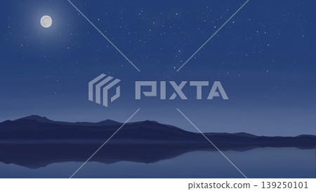A hand-drawn background image of a lake and mountain silhouettes reflecting the moon and a sky full of stars. A hand-drawn background image of a lake and mountain silhouettes reflecting the moon and a sky full of stars. 139250101