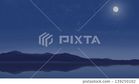 A hand-drawn background image of a lake and mountain silhouettes reflecting the moon and a sky full of stars. A hand-drawn background image of a lake and mountain silhouettes reflecting the moon and a sky full of stars. 139250102