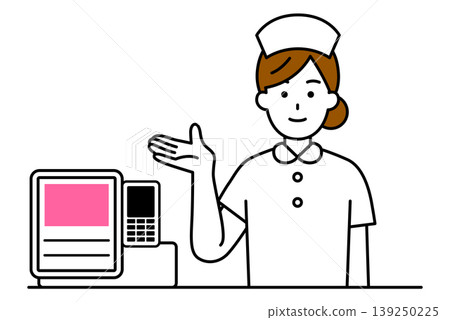 A female nurse handling payments at the reception desk. A female nurse handling payments at the reception desk. 139250225