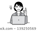A young woman in a suit points to a computer screen while explaining a point; she is an office worker. 139250569