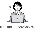 A young woman in a suit sits in front of her computer, hand on chin, looking puzzled. (Office worker) 139250570