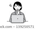 A young woman in a suit sits in front of her computer, hand on chin, deep in thought. (Office worker) 139250571