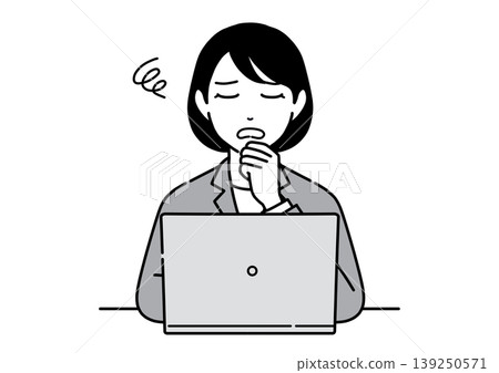 A young woman in a suit sits in front of her computer, hand on chin, deep in thought. (Office worker) A young woman in a suit sits in front of her computer, hand on chin, deep in thought. (Office worker) 139250571