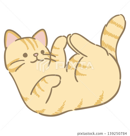 一幅簡單可愛的插圖，描繪了一隻躺著的虎斑貓。 139250784